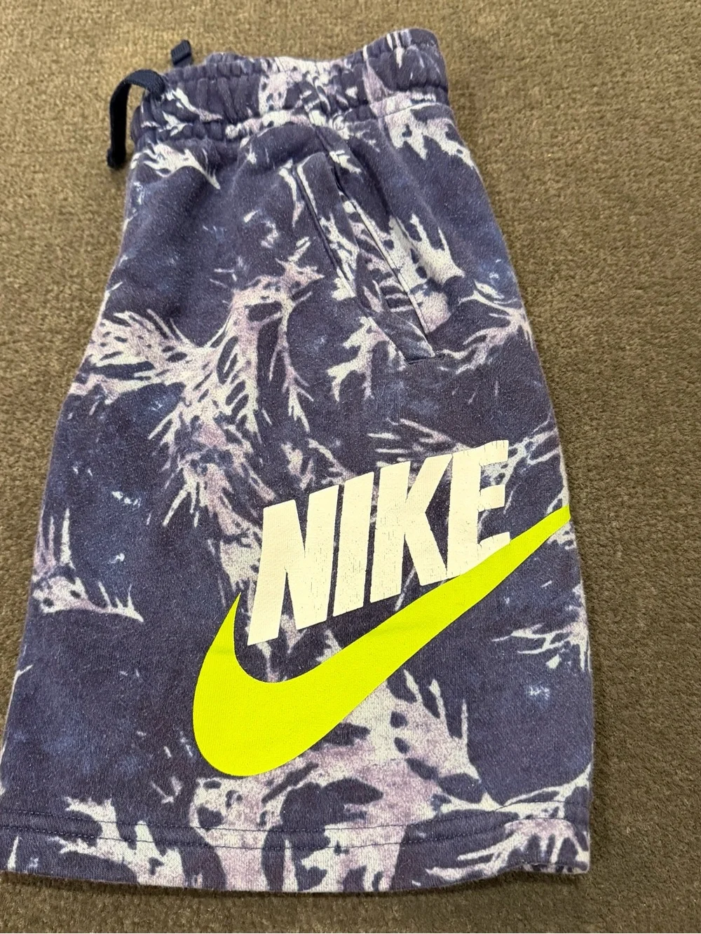 Nike Kids Navy Tie-Dye Shorts with Neon Yellow Logo